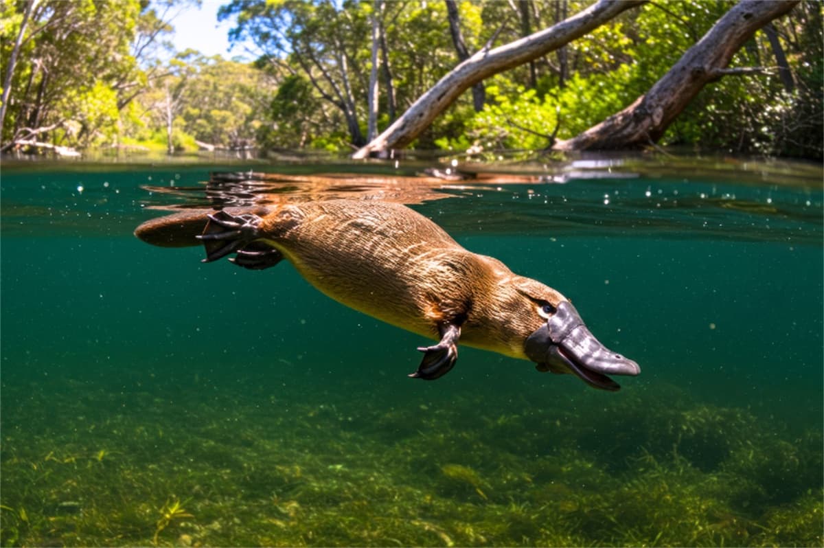 A platypus swimming beneath the surface of an Australian creek